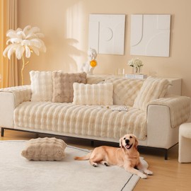 Royhom couch cover for dogs washable, Non Slip Thick Rabbit Plush Khaki Sofa Cover, Super Soft Warm Sofa Pad for Leather Sofas, Fur Couch Slipcovers for Living Room (Armrest or Backrest, 90x90cm)