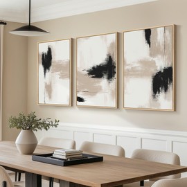 Framed Black and Beige Abstract Wall Art for Living Room, Large Set of 3 Piece Modern Neutral White Artworks, Minimalist Canvas Painting Prints for Dining Room Hallway Office Wall Decor, 24x36 Inch