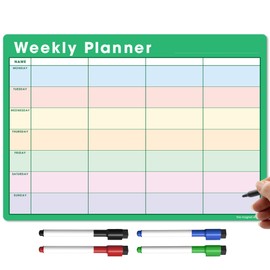 TMS A3 Magnetic Weekly Planner and Organiser – Fully Customisable Whiteboard for Family or Business Tasks and Meal Planning - with 4 Free Magnetic Dry Wipe Pen (Green - Multi-Coloured, A3)