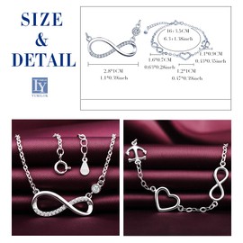 Yumilok 925 Sterling Silver Women's Necklace Bracelet Chain with Pendant Infinity Heart Pendant Cubic Zirconia Bracelets Bangles Jewellery Set for Women Girls, Sterling Silver, Cubic Zirconia
