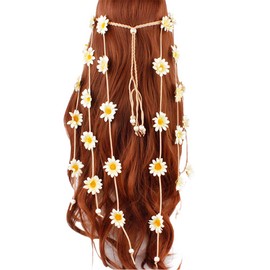 Flower Headband Hippie Sunflower Hairband Floral Crown Bohemian Hair Bands Women Girls Boho Hair Hoop Headdress Headwear Headpiece Party Decoration Cosplay Costume Cute Handmade Hair Accessories Beige
