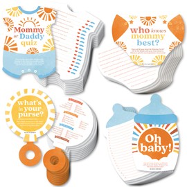 Big Dot of Happiness Here Comes The Son Baby Shower Game Bundle Pack, 4 Boy Boho Party Activities (10 Cards Each) - Who Knows Mommy Best, Mommy or Daddy Quiz, What’s in Your Purse and Oh Baby