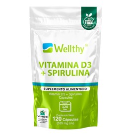 Wellthy Vitamina D3 400 unidades + Espirulina 120 Cápsulas. Reforzado con 535mg de Espirulina, VCaps Cápsulas Veganas. Bottle Free.
