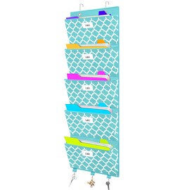 Over The Door File Organizer, Hanging Wall Mounted Storage Holder Pocket Chart for Magazine, Notebooks, Planners, Mails, 5 Extra Large Pockets(Blue withLantern Pattern)