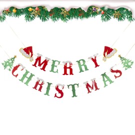 Glitter Merry Christmas Banner with Christmas Tree Santa Hat Garland Banner for Christmas Theme Party New Year Holiday Sign Home Office Decorations Supplies