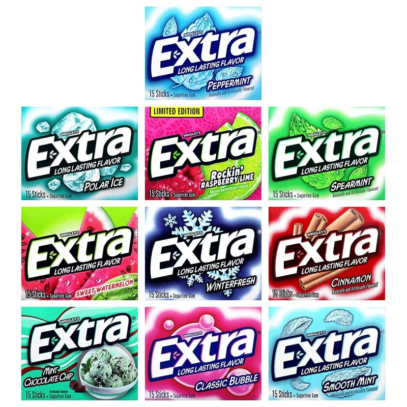 Wrigley Extra Assorted Sugar-Free Chewing Gum, 10 Packages, 150 Sticks