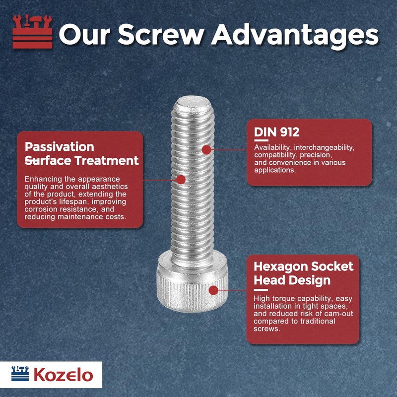 Kozelo 15pcs Socket Head Cap Screws - [M8-1.25 x 30mm]