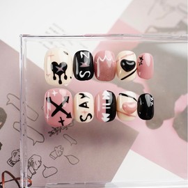 [GLORS] Hand-painted press on nails with pink and black doodle graffiti, high-end niche nail wear in short square (S, SS)
