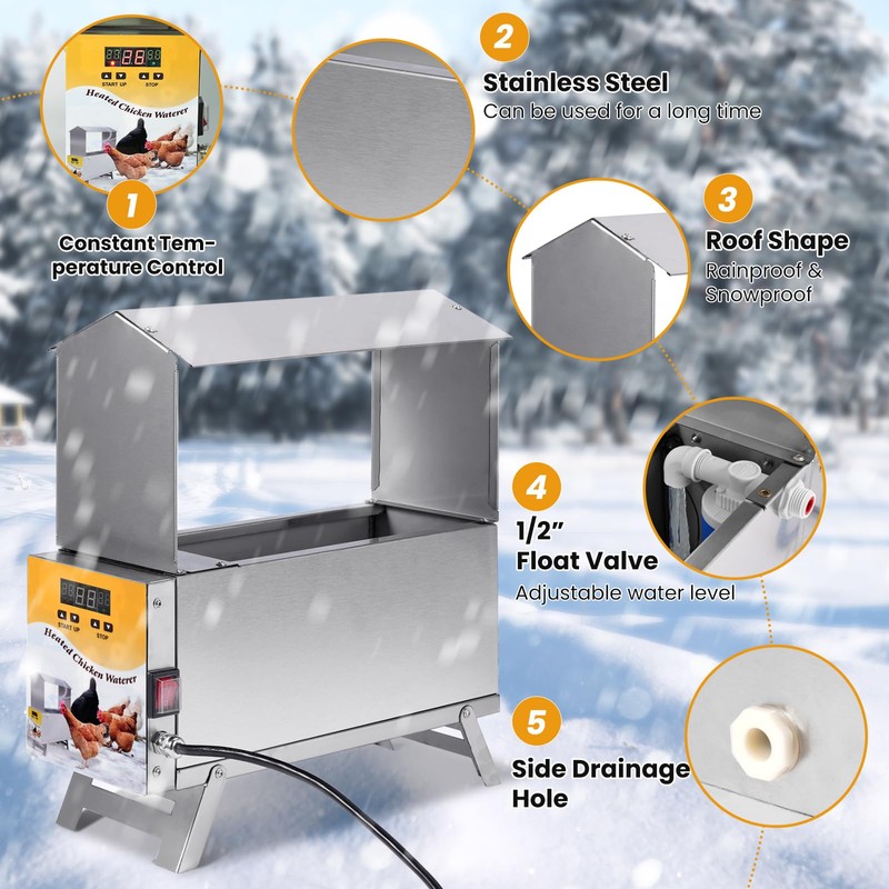 PAUQRWIE 1.5 Gallon Heated Chicken Waterer Automatic Chicken Water Heater