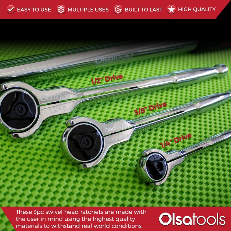 Olsa Tools 90T Swivel Head Ratchet Wrench Set, 3-Piece, Chrome