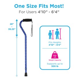 Nova Joy Designer Offset Walking Cane for Seniors - Unisex Adjustable Lightweight Aid with Foam Handle, Wrist Strap and Anti-Rattle Lock - Essential Mobility Support - Blue Waves