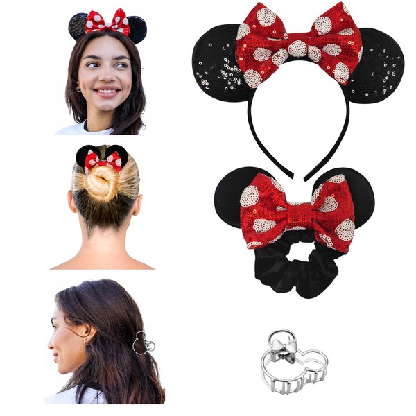 Styla Hair 3 Piece Mouse Ears Headband, Sequin Mouse Scrunchies & Claw Clip Set - Cute Mouse Headband Accessories for Women, Teens, Kids - Iconic Mouse Ear Headband, Mickey Ears Adult - Red Black