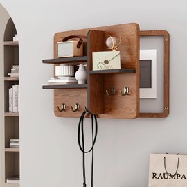 RAUMPA Decorative Fuse Box Cover, Wooden with Shelf & Hooks - Modern Art Decorative Hidden Circuit Breaker Panel, Electric Meter & Wall Safe for Farmhouse Kitchen (Walnut, 11.8x15.7in / 30x40cm HxL)