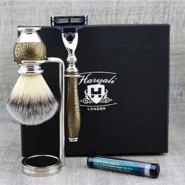 Haryali London Gold Antique Design Men's Shaving Set 3 Edge Razor, Shaving Brush, Shaving Stand and Alum Pencil
