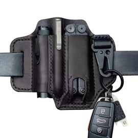 Multitool Leather Sheath Pocket Organizer, EDC Leather Sheath for Leatherman Multitools Leather Sheath/Key Holder Belt Loops Sheath/Flashlight Holster with Keyring, Tools for Outdoor Camping, Black