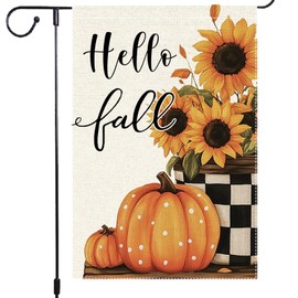 Hello Fall Garden Flag Sunflowers Mason Jar Garden Flags 12x18 Inch Double Sided Burlap Buffalo Plaid Outside Decor Autumn Thanksgiving Pumpkin Yard Farmhouse Lawn Outdoor Decoration