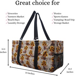 NGIL Extra Large Utility Tote Reusable Grocery Organizing Bag Oversized Collapsible for Storage, Picnic,Car, Beach (Cowboy Boots & Sunflowers-black)