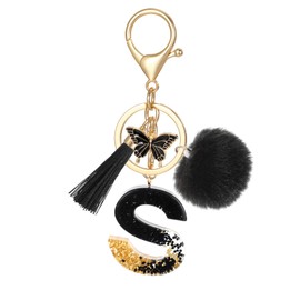 MWOOT Alphabet Initial Letter Keychain, Name Keyring with Tassel Butterfly Pendant Pom Pom for Women, Black Resin Gold Foil Sequins Keyring Charm for Door Car Key Handbag Decor(S)