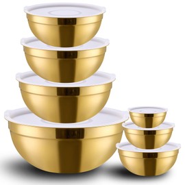 LKTDYMEG Gold Mixing Bowls with Lids Set of 7, Stainless Steel Nesting Bowl with Khaki Lid for Non-slip Mixing Prepping Storing Serving, 7 Sizes-7/3.6/2.7/2.1/1.5/1/0.8 QT