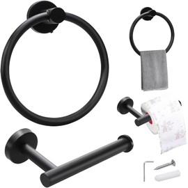 2 PCS Toilet Roll Holder Black Hand Towel Ring Set for Bathroom - 304 Stainless Steel with Chrome Plated Surface - No Drilling Easy Installation