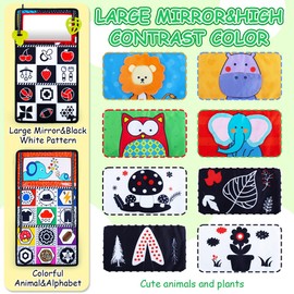 teytoy Tummy Time Mirror Infant Toys 0-3 Months Brain Developmental Baby Mirror Tummy Time Toys with Cloth Book&Teethers,High Contrast Black and White Baby Toys 4 6 9 12 Month Toy