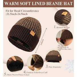 floconssy 3 PCS Men's Winter Hat Scarf Gloves Set, Warm Knit Beanie Thermal Long Scarf fleece lined Touchscreen Gloves for Cold Weather Brown