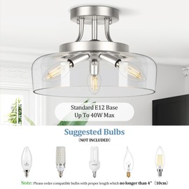 TOBUSA 3-Light Semi Flush Mount Light Fixture, Modern Industrial Glass Ceiling Light with E12 Base, Metal Semi Flush Ceiling Light for Living Room Kitchen Bedroom Hallway Balcony, No Bulbs, Nickle