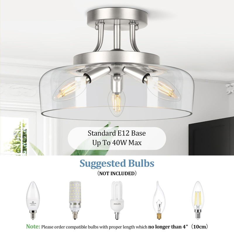 TOBUSA 3-Light Semi Flush Mount Light Fixture, Modern Industrial Glass