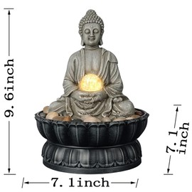 Kalona Home Décor 9.6" Tabletop Fountain Exquisite Smile Sitting Buddha Fountains Desk Water Fountain Decorative Zen Fountain w/LED/Glass Rolling Ball/Cobblestone Office and Home Decor(21127B)