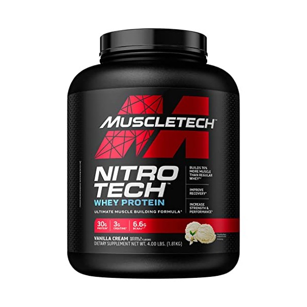 Whey Protein Powder | MuscleTech Nitro-Tech Whey Protein Isolate & Peptides | Protein + Creatine for Muscle Gain | Muscle Builder for Men & Women | Sports Nutrition | Vanilla, 4 lb (40 Servings)