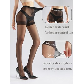 HA WA 2 Pairs Women's Sheer Tights, 20D Control Top Black Nude Pantyhose Ultra Thin Nylon Tights for Women