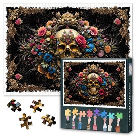 1000 Piece Jigsaw Puzzle for Adults - Skull & Floral Memento Mori Art with Premium Puzzle Board, Challenging Dark Academia Puzzles for Adults, 27.5x19.7 Inches