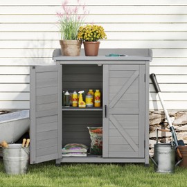 Potting Bench with Storage Cabinet and Metal Table Top for Outdoor Patio, Garden Furniture Wood Workstation (Classsic Grey, 31.5x17x39)