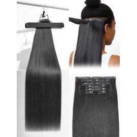 Frodio Clip Ins Hair Extensions Black: Remy Real Human Hair Pu Seamless Long Yaki Straight Invisible Beauty For Women Can Be Body Wave 18 Inch 100g 7 Piece Full Thick Brazilian Jet Black Natural Color