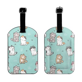 UESEU Cute Cartoon Kitten Luggage Tag for Suitcases,Kawaii Cats Kitty Green PU Leather Baggage Tags Bag Tags Travel Id Label for Luggage Women Men -1 Piece