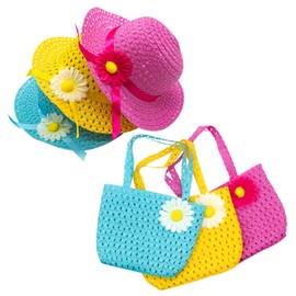 AUEAR, 3 Set Straw Hat and Purse Tea Summer Beach Sunflower Daisy Flower Sunhats Blue Yellow Pink