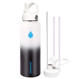 SENDESTAR Water Bottle 32oz Double Wall Vacuum Insulated Leak Proof Stainless Steel Sports Water Bottle—Wide Mouth with New Flex Straw Lid & Spout Lid (Day&Night)