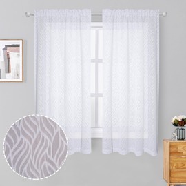 Chyhomenyc Marilyn White Sheer Curtains 54 Inch Length for Bedroom, Light Filtering Soft 3D Leaf Clip Jacquard Textured Rod Pocket Short Sheer Curtains for Living Room Window, 38Wx54L Inches, 2 Panels