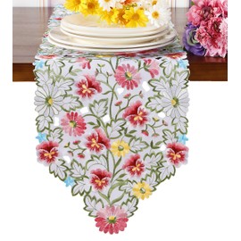 Spring Flower Table Runner Embroidered Flowery Table Placemats Floral Cutwork Table Doily Home Kitchen Dining Spring/Summer Tabletop Decoration (Runner 13"×36", Floral Pansy Pink)