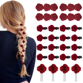 24 Pcs Small Red Rose Hair Clips, Rose Flower Hair Accessories, Vintage Rose U Shaped Hair Pins Mini Rose Hair Barrettes Floral Hair Pieces Flower Hair Clips for Women Wedding Party
