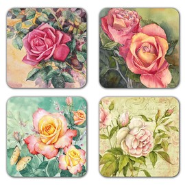 Watercolor Bright Flowers Square Coaster Set of Drink- Made of Polyester Fabric and Recycled Rubber Coaster Set - Set of 4