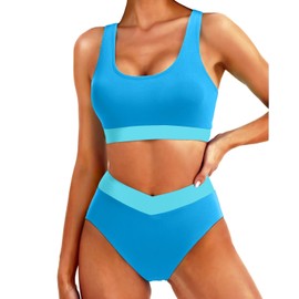 Tempt Me Women Blue Green High Waisted Bikini Sets Two Piece Swimsuits Sport Bathing Suits with V Cut Bottom M