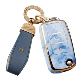 SANRILY Golden-Edge Jade Pattern Smart Key Fob Cover for for VW Jetta GTI Passat Golf Tiguan Touareg Beetle Multivan Sagitar Passat Accessories Keyless Key Fob Case Shell with Keychain Blue