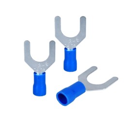 DIANQI 100Pcs 16-14 AWG Insulated Fork Spade Wire Connectors, SV2-8 U Type Electrical Crimp Terminals Kit for 1.5-2.5mm Cable USA USA Screw5/16 (Blue)