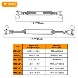 uxcell 4pcs M10(3/8") Jaw and Jaw Turnbuckles Wire Rope Tension, 304 Stainless Steel Turnbuckle Adjustable Cable Tensioner for Shade Sail, Clothesline, 3200 lbs Working Load Limit