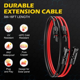 16Ft Solar Cable Solar Extension Cable,10AWG Solar Panel Extension Cable with Female and Male Connectors,Waterproof Solar Extension Cable Kit (Red and Black).