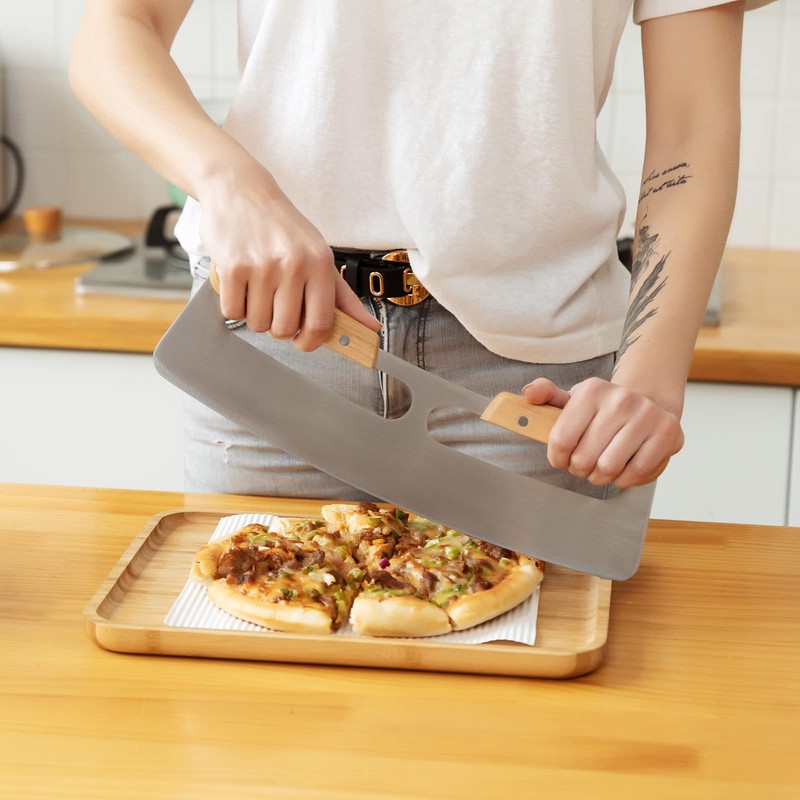 Pizza Cutter Rocker with Wooden Handles & Protective Cover by