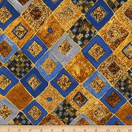 Robert Kaufman Kaufman Gustav Klimt Squares, Diamonds Metallic, Yard, Cobalt