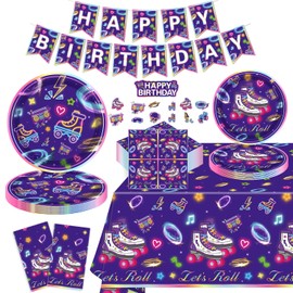 136 Pack Roller Skating Party Supplies Let's Roll Birthday Supplies Roller Skate Party Tableware and Banner Set for Roll Themed Skating Party Decorations Serves 40