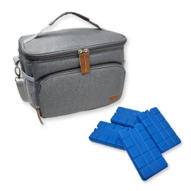 Insulated 8L Cool Bag Small with Carry Strap, Grey, 2 Compartments with Zip, Includes 4 Cooling Elements